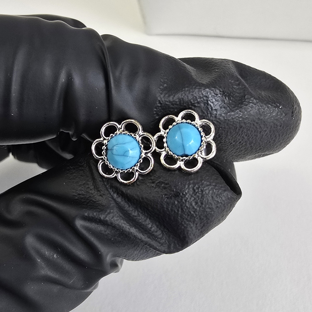 Elegant Silver and Blue Floral Stud Earrings